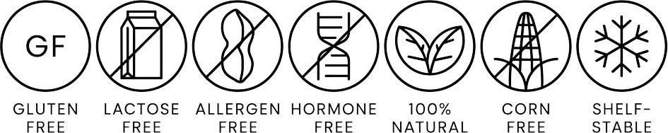 Trust badges: Gluten Free, Lactose Free, Allergen Free, Hormone Free, 100% Natural, Corn Free, Shelf-Stable