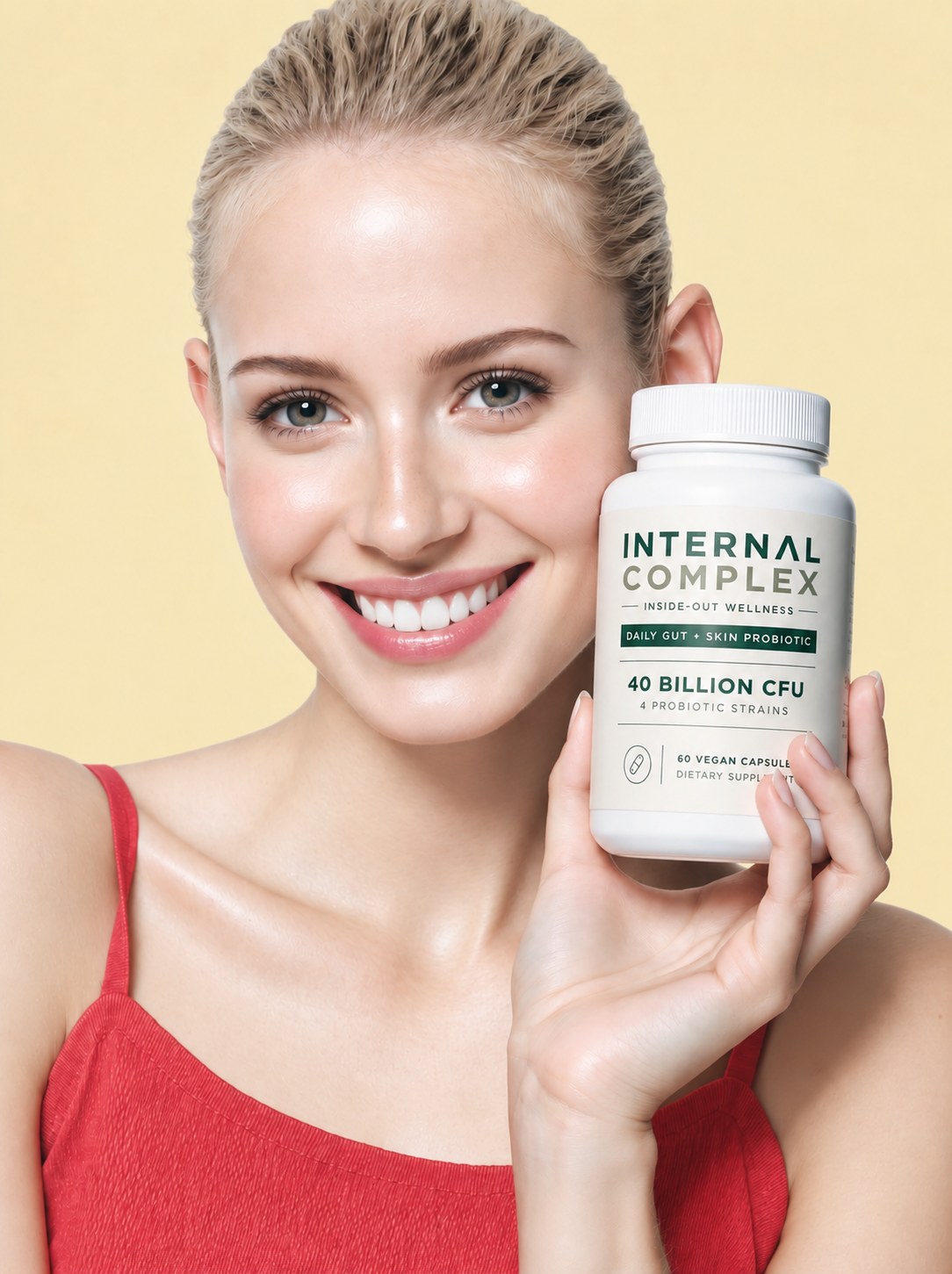 Woman holding Internal Complex supplement bottle with clear, glowing skin